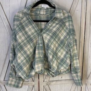 MABLE Plaid Twisted Front Cropped Button Down - Mint & Cream - Size Medium